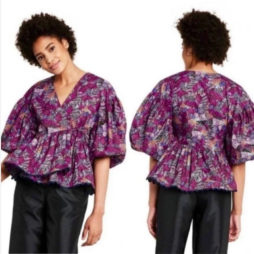 Kika Vargas X Target Purple Floral Puff Sleeve Wrap Blouse- New With Tags